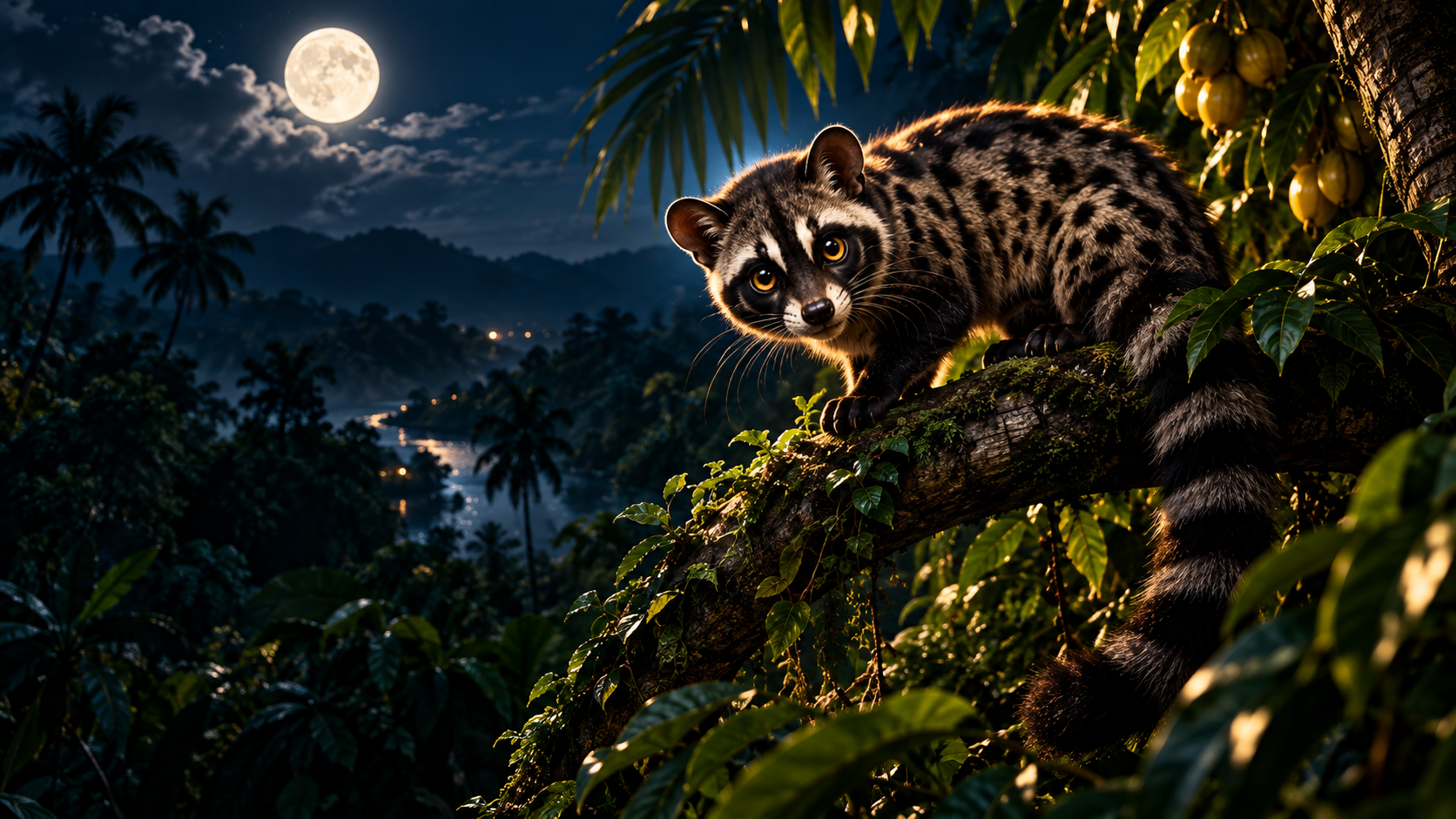 Toddy Cat in a moonlit tropical jungle